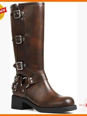 Knee High Combat Boots Square Toe Pull On Wide Calf Buckle Chunky Heel